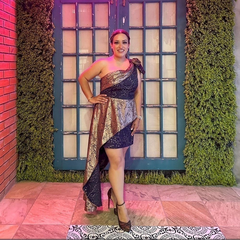 Two Tone Brocade Asymmetric Dress Gown